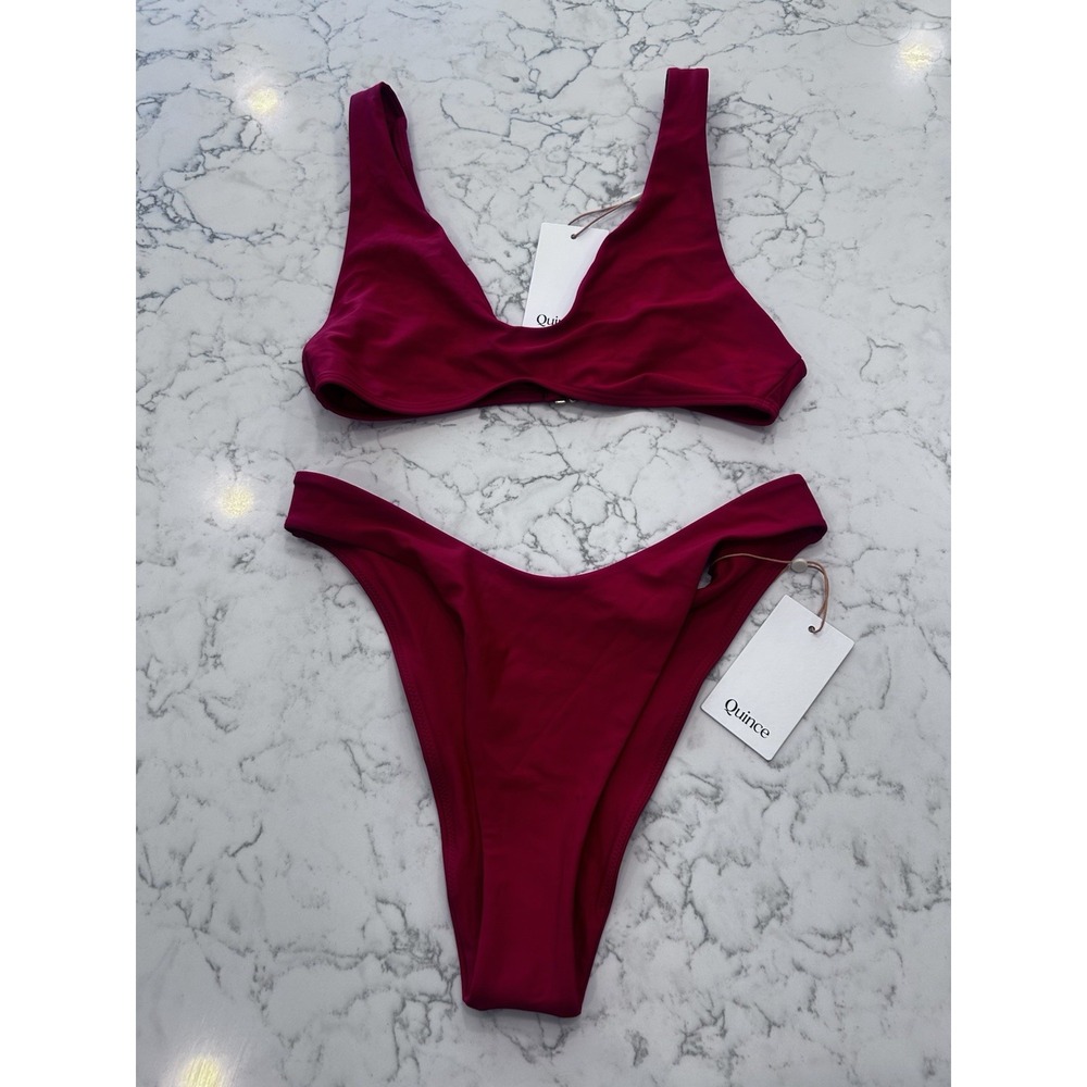 NWT Quince Cherry Red Italian Plunge Bikini Top & High Leg Bottom Set Medium